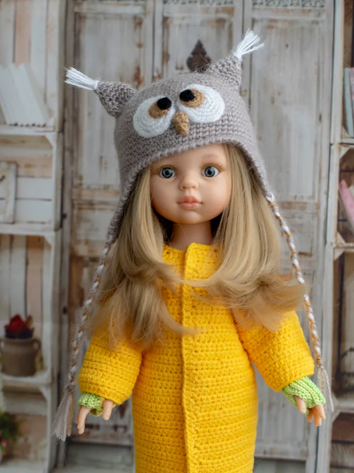 Owl hat for Paola Reina doll, Dumplings, Little Darling, Siblies RRFF for Halloween, animals hat with ears for doll