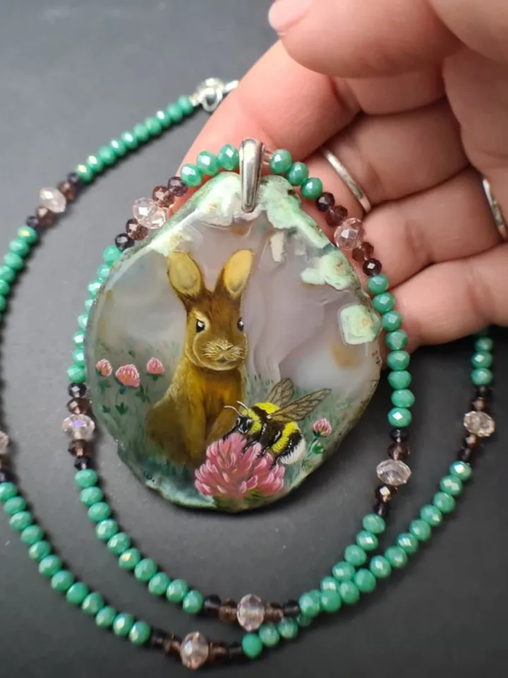 Necklace with rabbit, bumblebee Painting Agate stone Christmas Gift Wrapping