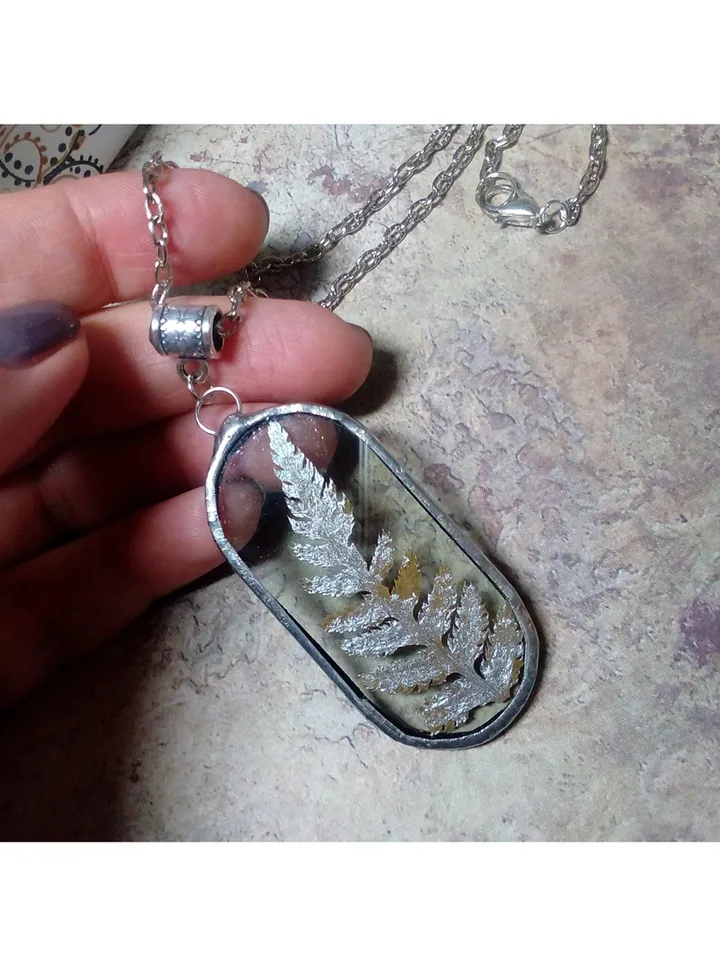 Valentine necklace, Stained glass necklace, pressed fern, Dry fern necklace, Terrarium pendaant