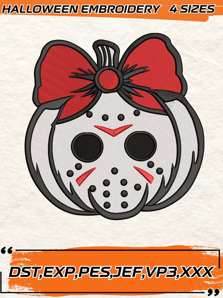 Halloween Jason Voorhees Pumpkin Bow Embroidery Design, Halloween Embroidery Design,4 Sizes,Digital Download