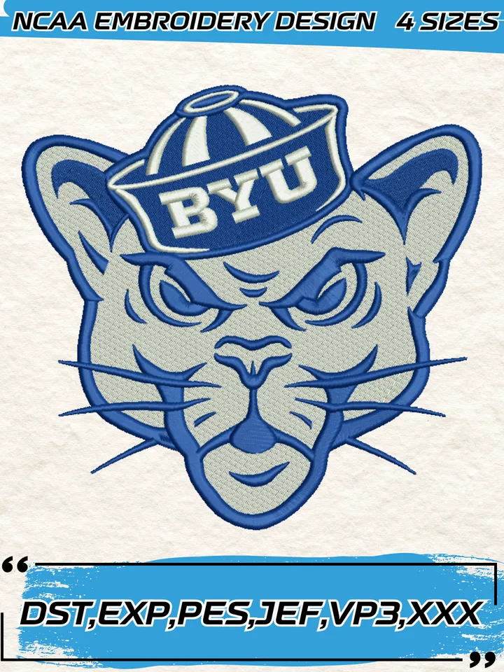 BYU Cougars Mascot Embroidery Design,NCAA Logo Embroidery Design,Machine Embroidery Design File,4 Sizes, Digital Download