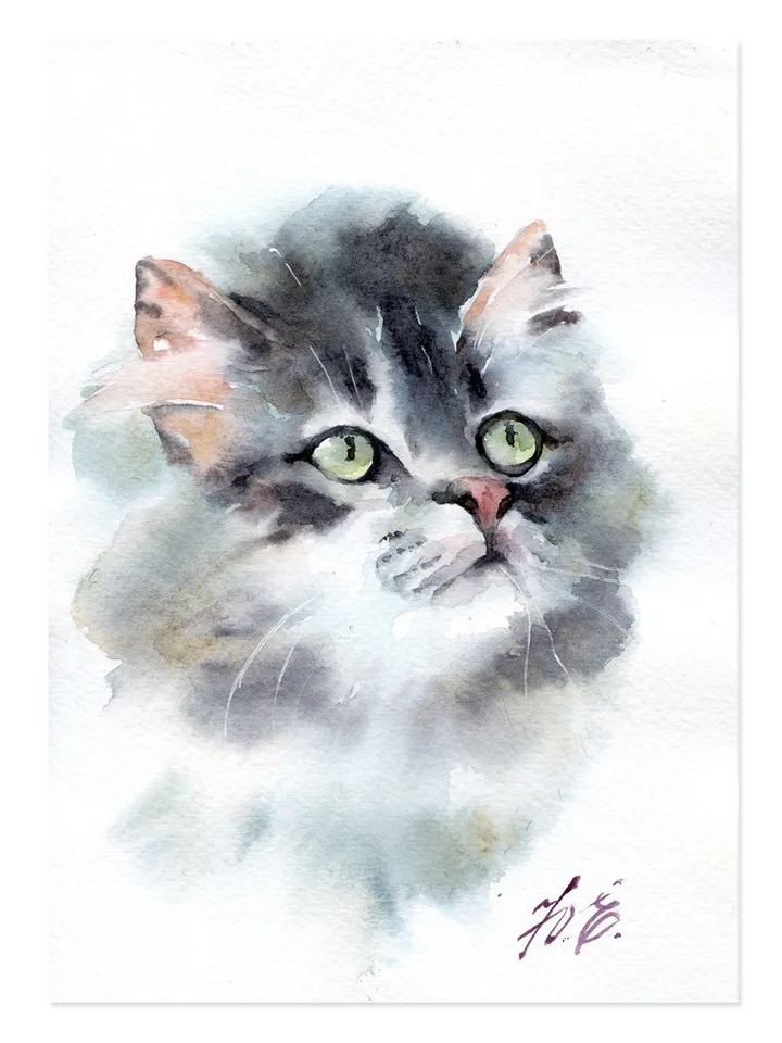 Kitten Original painting in watercolor Animals by Yulia Evsyukova
