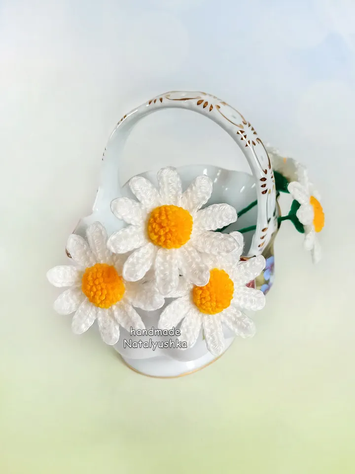 Bouquet of 5 flowers, Chamomile, Summer bouquet Daisy, Wildflowers, Crochet Interior flowers, Fake flower, White flowers