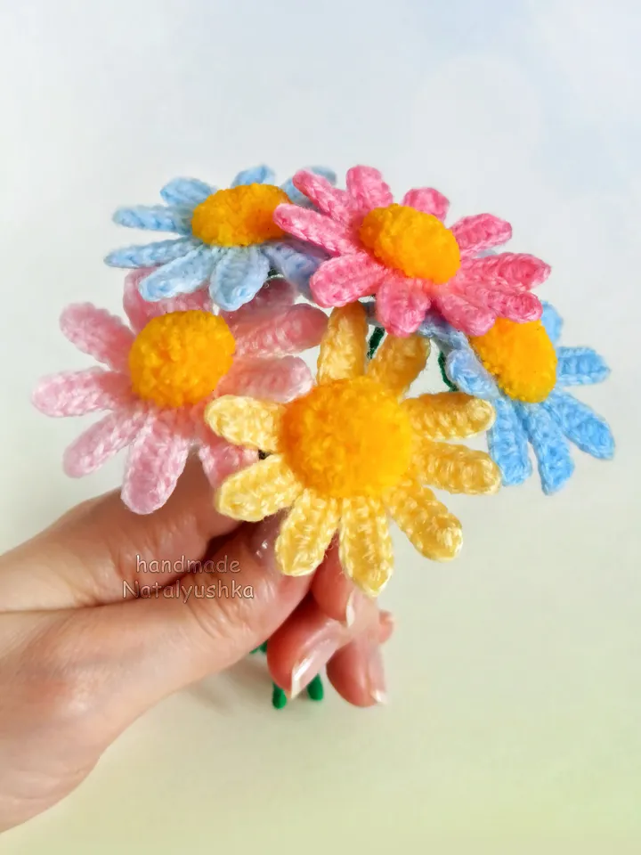 Bouquet of 5 flowers, Chamomile, Summer bouquet Daisy, Wildflowers, Crochet Interior flowers, Fake flower, White flowers