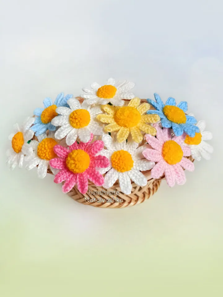 Bouquet of 5 flowers, Chamomile, Summer bouquet Daisy, Wildflowers, Crochet Interior flowers, Fake flower, White flowers