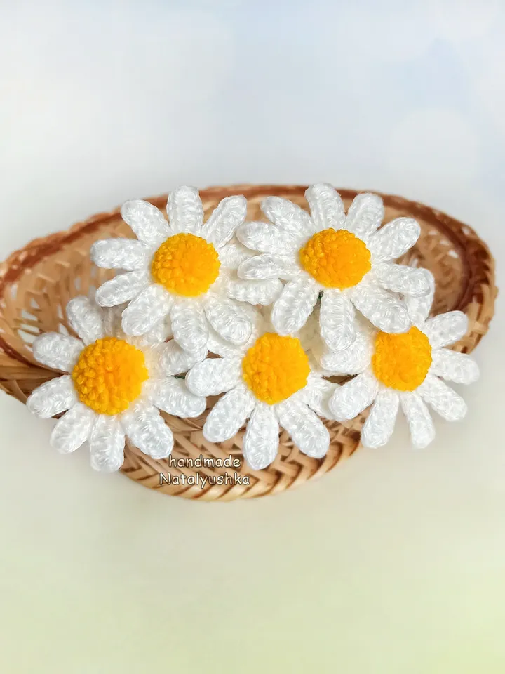 Bouquet of 5 flowers, Chamomile, Summer bouquet Daisy, Wildflowers, Crochet Interior flowers, Fake flower, White flowers