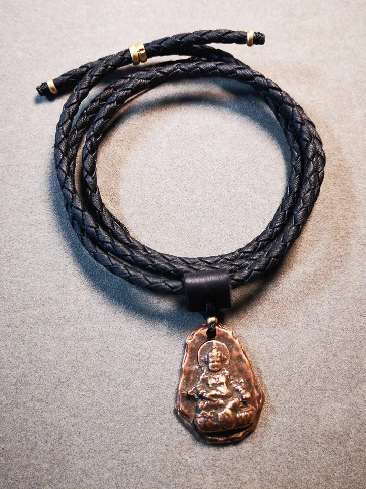 Gandhanra Handmade Amulet,Yellow Jambhala Pendant with Leather Necklace,Made of Brass