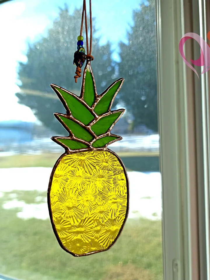 Pineapple Stained Glass Car Charm Suncatcher Rear View Mirror Accessory Fun Golf Cart Gift for Swingers