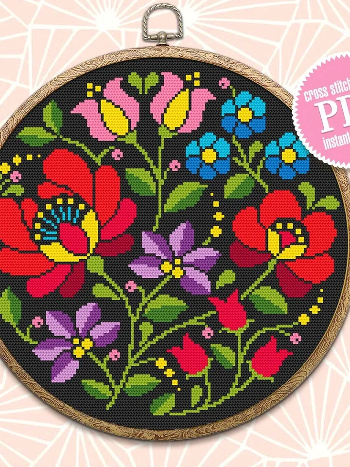 Flowers cross stitch pattern download PDF, Folk cross stitch chart, Modern floral ornament cross stitch, Ukrainian folk embroidery PDF #P28