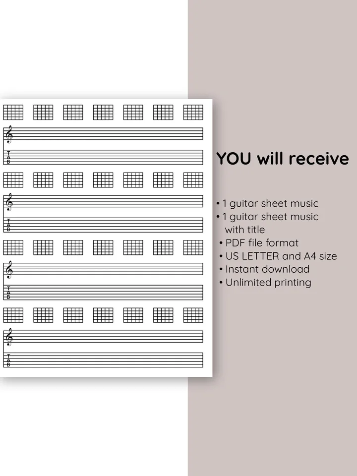 Blank printable guitar tabulature. Guitar tab and chord chart sheet Music. Blank guitar TAB sheet with chord boxes