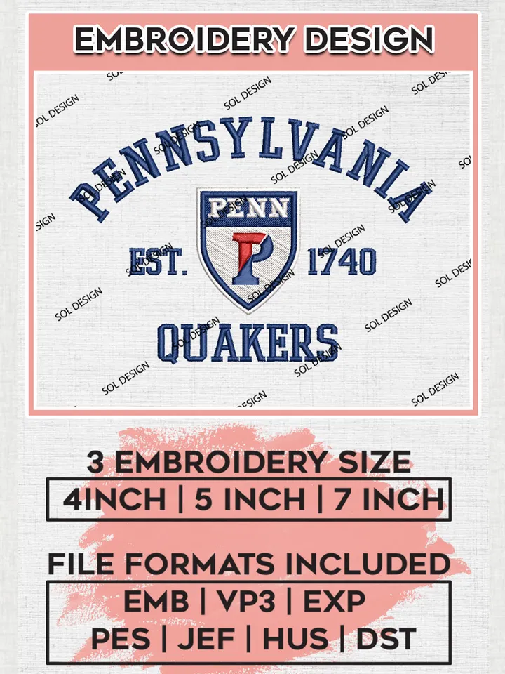 Pennsylvania Quakers Est 1740 Embroidery Designs, NCAA Pennsylvania Quakers Team Embroidery, NCAA Team Logo, 3 sizes, Machine embroidery Files, Digital Download