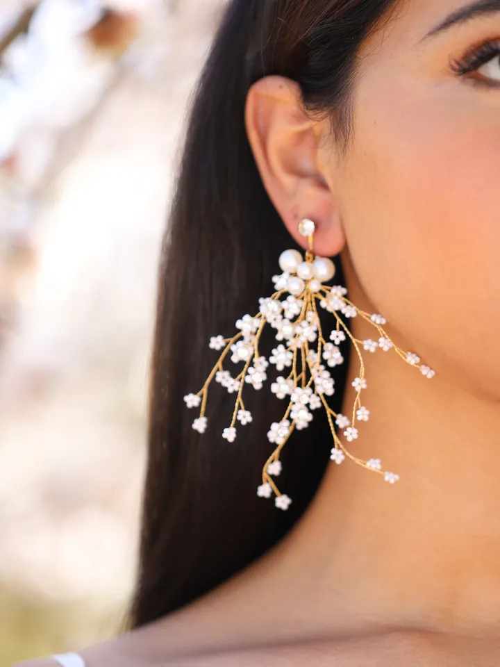 Long Boho Wedding Earrings, Pearl Bridal Earrings, Rose Gold Chandelier Wedding Earrings, Statement Bridal Jewelry, Statement Earrings