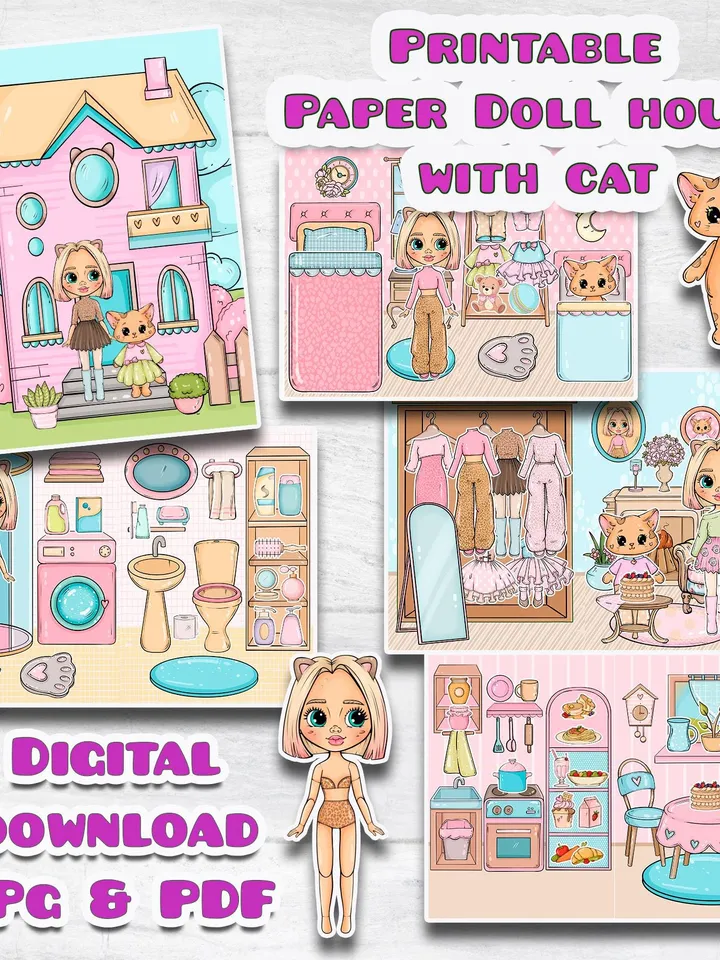 Printable Paper Blythe doll house, printable Doll with cat and clothes set, Holiday Blythe paper doll dress, Busy book printable crafts kids
