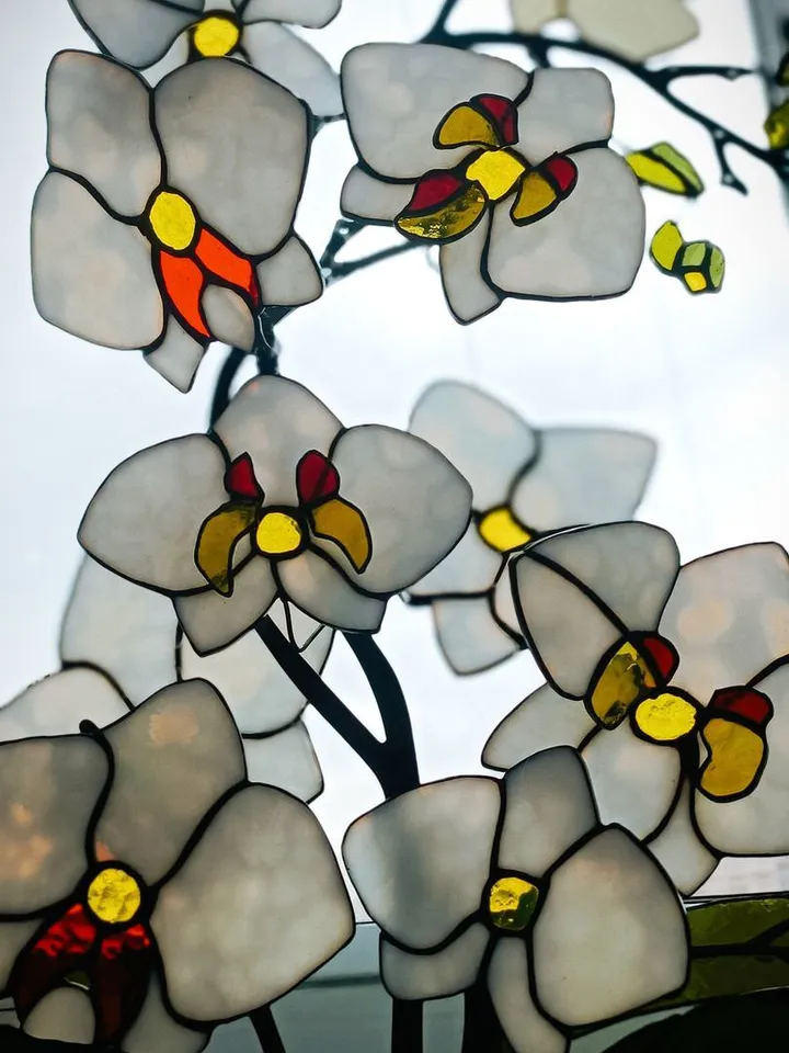 Stained Glass of Snow White Orchids, Snow White Orchid Stained Glass, Stained Glass Artwork: Snow White Orchids, Snow White Orchid Glass Artwork, Snow White Orchid Stained Glass Design, Snow White Orchids in Stained Glass
