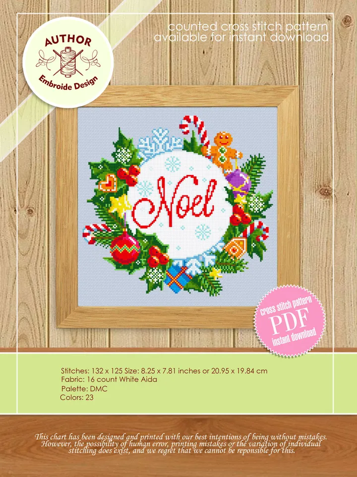Christmas cross stitch pattern download PDF, Christmas wreath cross stitch chart Christmas pattern digital Winter holiday embroidery #N22