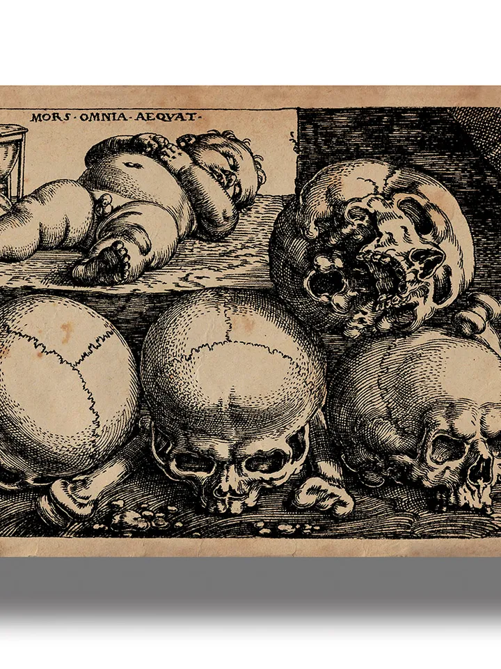 A sleeping child with an hourglass and four skulls.