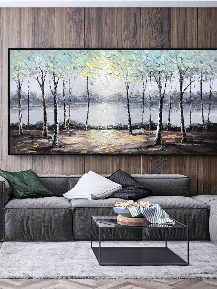 Large original oil painting on canvas,abstract art,riverside scenery,lake, trees,landscape,forest,nature,living room painting,large wall art