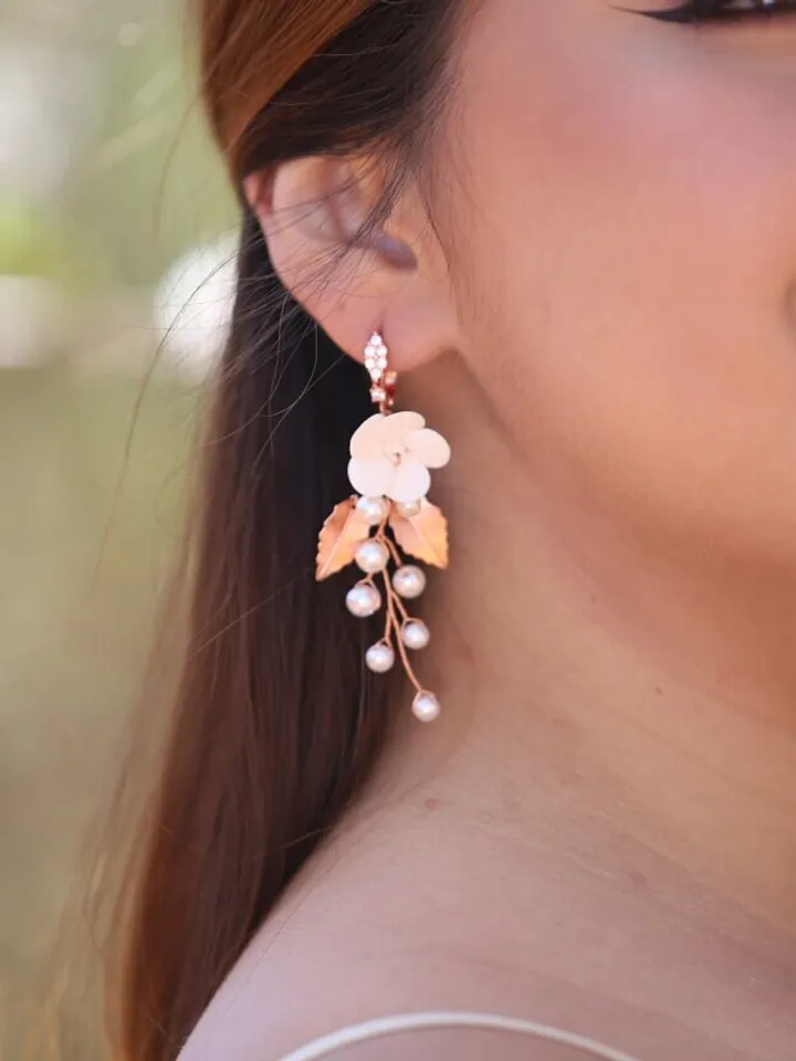 Long Boho Wedding Earrings, Porcelain Flowers Bridal Earrings, Rose Gold Statement Leaf Wedding Jewelry Set, Pearl Crystal Wedding Jewellery