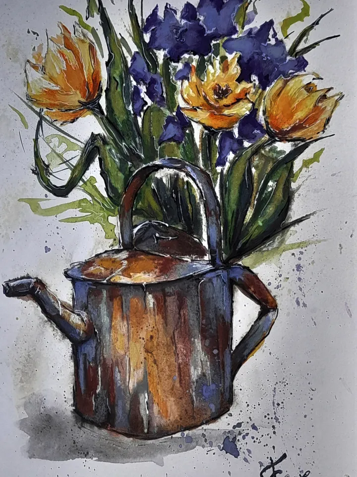 Watercolor painting Watering can with flowers 21x30 cm (8.3 х 11,7 inches)