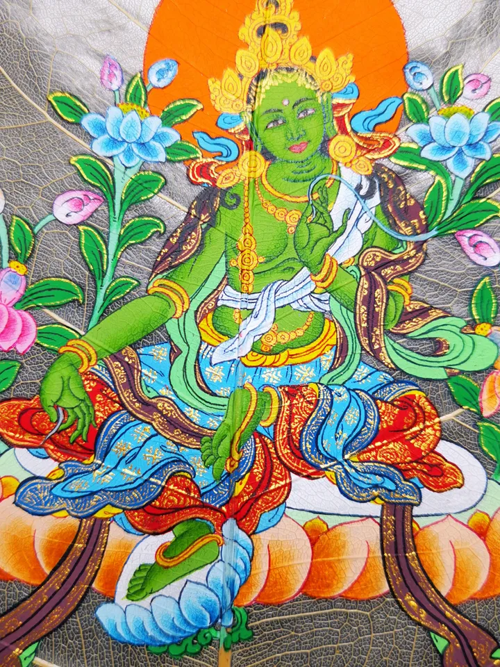 Gandhanra Handpainted Bodhi Leaf Thangka,Packed in Wooden Picture Frame,Painted with Natural Mineral Pigments,Green Tara Thangka