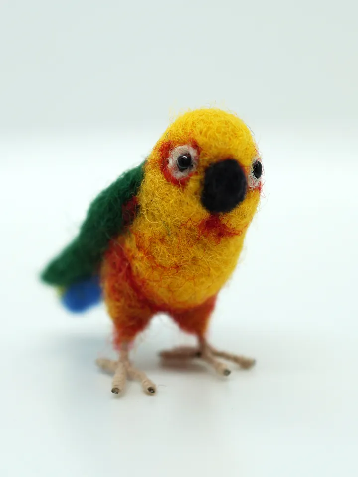 Miniature needle felted jenday conure, tiny parakeet, pet portrait