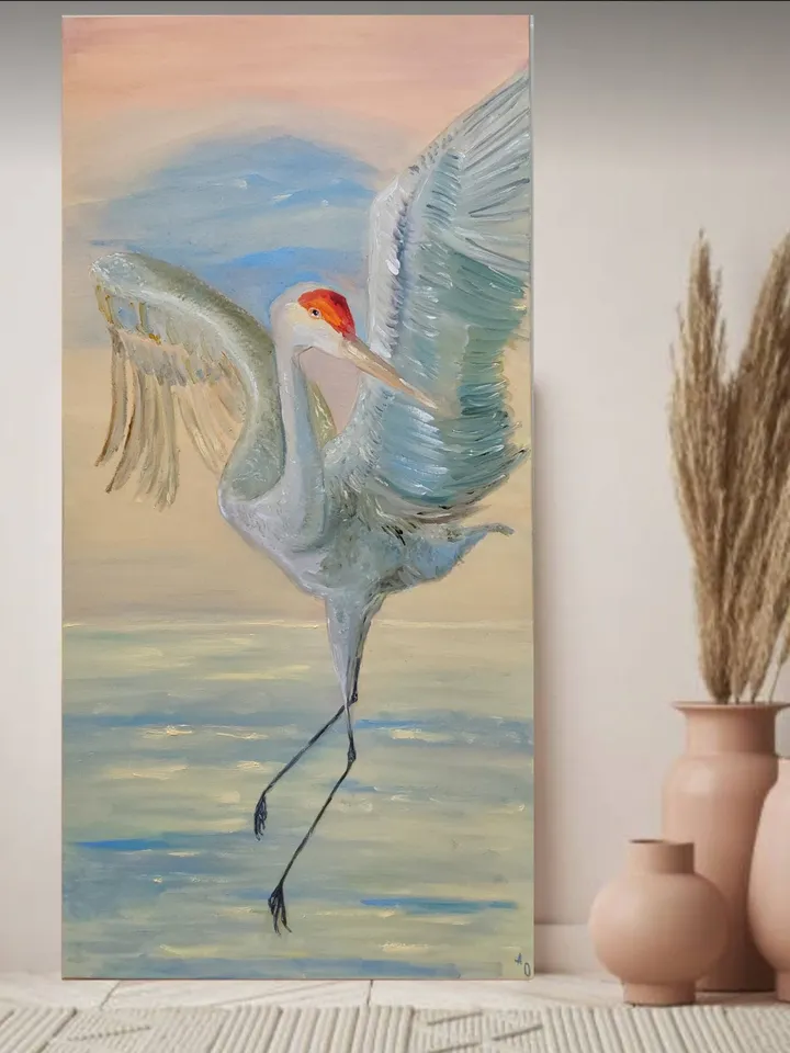 "Dance of the Crane" large oil painting on canvas 50x100cm (20x40 inches)