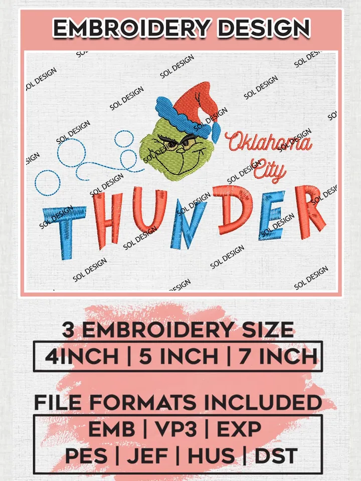 Grinch Oklahoma City Thunder Embroidery Designs, Grinch Christmas Embroidery Files, NBA Oklahoma City Thunder Machine Embroidery Designs, NBA Thunder Logo, NBA Christmas Machine Embroidery Design, Digital Download