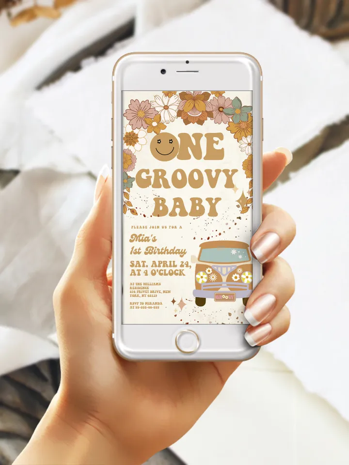 One Groovy Baby Editable Any Age Pink Groovy Van Daisy Rainbow Hippie Birthday Invitation Let's get Groovy 1st Birthday Invitation ; gr3