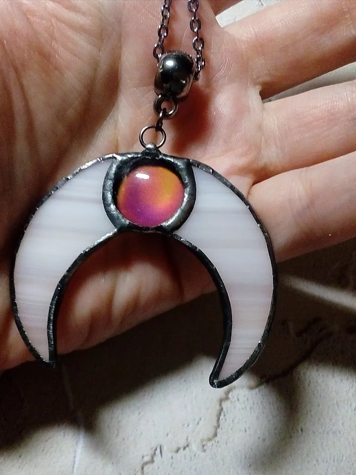 Stained glass moon, Mood stone crescent, Moon phase necklace, Stainglass crescent, Full moon