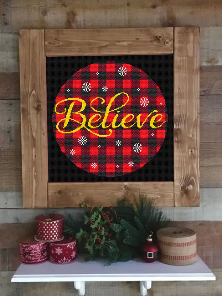 Buffalo plaid cross stitch pattern download PDF Believe Christmas cross stitch chart Merry Christmas pattern digital Holiday ornament #N34