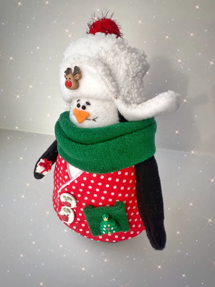 Christmas Handmade Penguin toy. Soft Animal doll in hat. Holiday doll for Christmas gift.