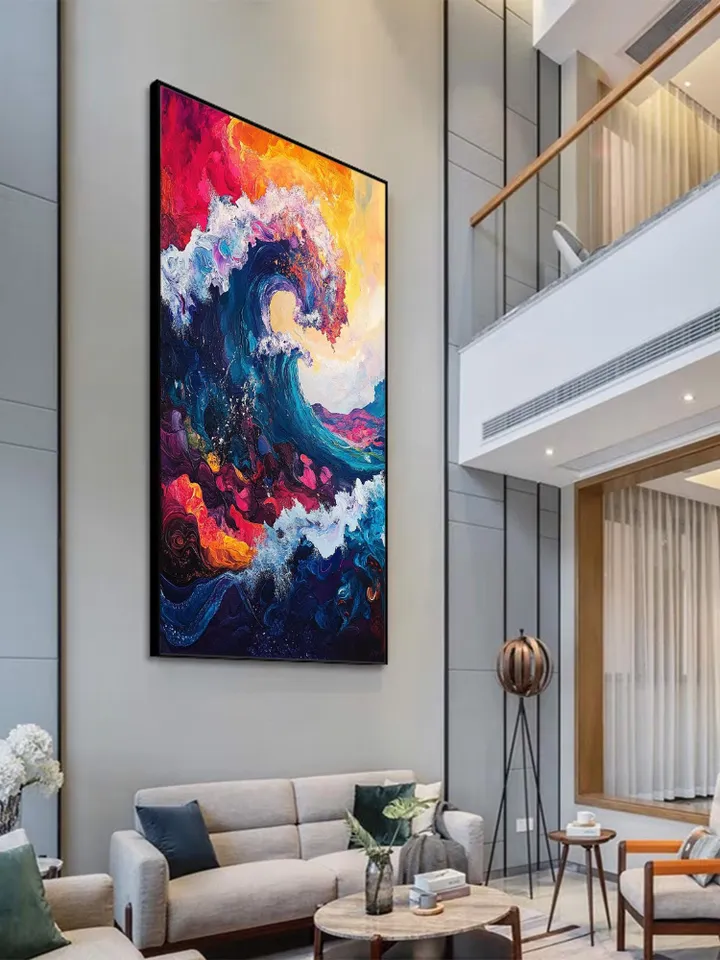 Original Hand-Painted Abstract Oil Painting on Canvas | Colorful Ocean Wave Art | Stunning Red, Blue, Yellow Decor for Living Room or Office