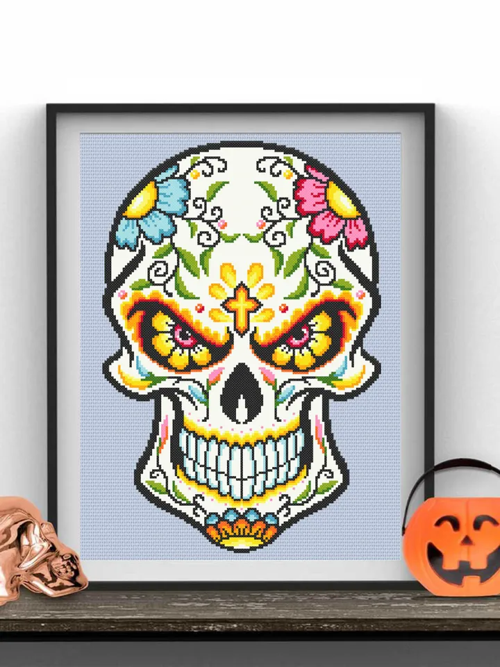 Halloween sugar skull cross stitch pattern download PDF Day of the Dead pattern PDF Mexican skull beginner stitch Flower skull painting #H27