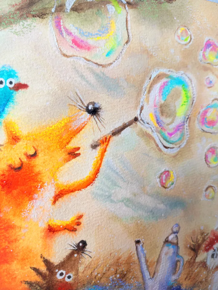 27x27cm Artwork by Julia Schigal "Soap Bubbles" - watercolor, gouache, pastel