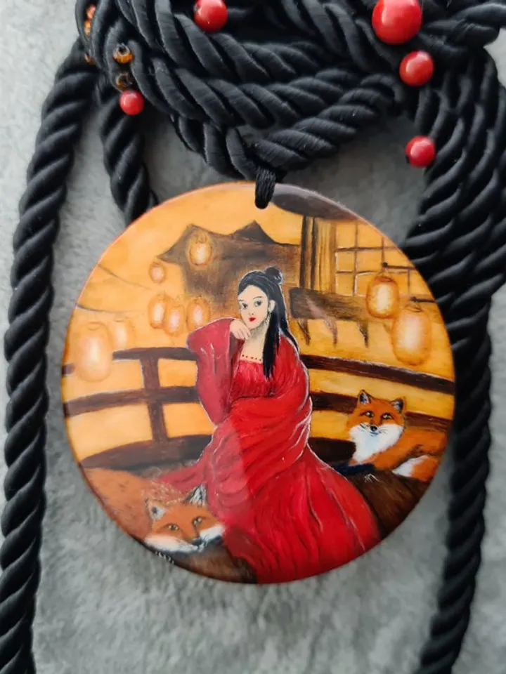 Kitsune necklace real oil painting miniature on jasper One of a kind Present OOA