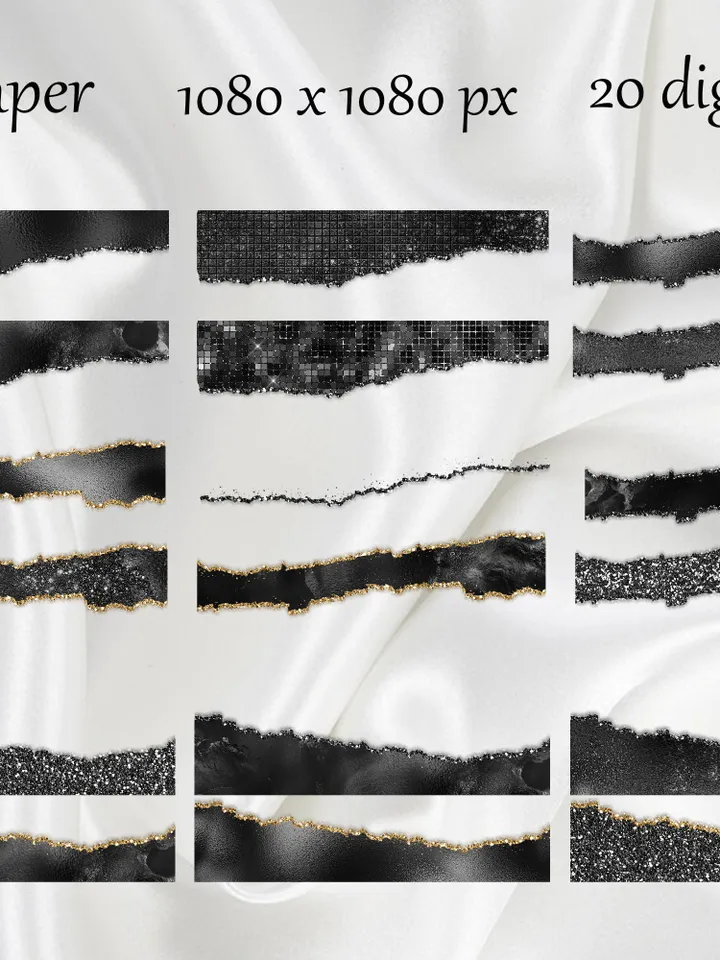 Glam Edges; Glam Digital Borders; Glitter Torn Paper; Glam Ripped Edged; Commercial Use; Glam Wavy Borders; Black Torn paper clip art