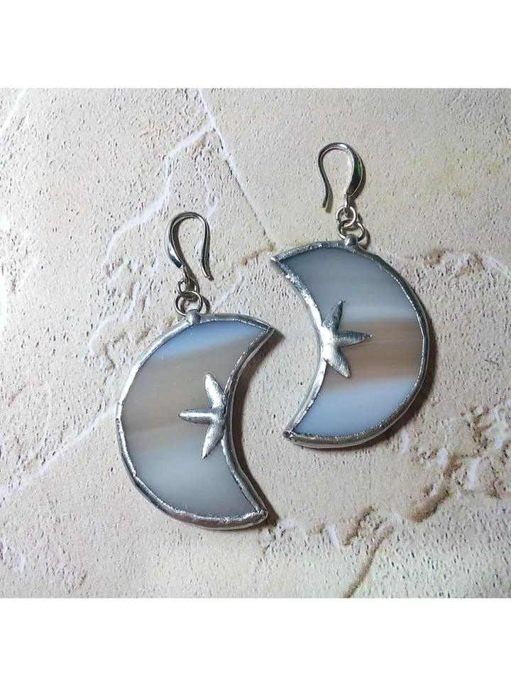 Glass crescent earrings, Moon and stars, Witchy goth aesthetic, Tin soldered moon earrings, Halloween, Witch earrings
