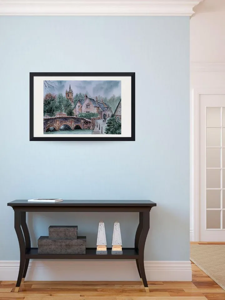 Winter Landscape Painting Original Watercolor Artwork Castle Combe Village Art 11.81x15.75 in by Art Café