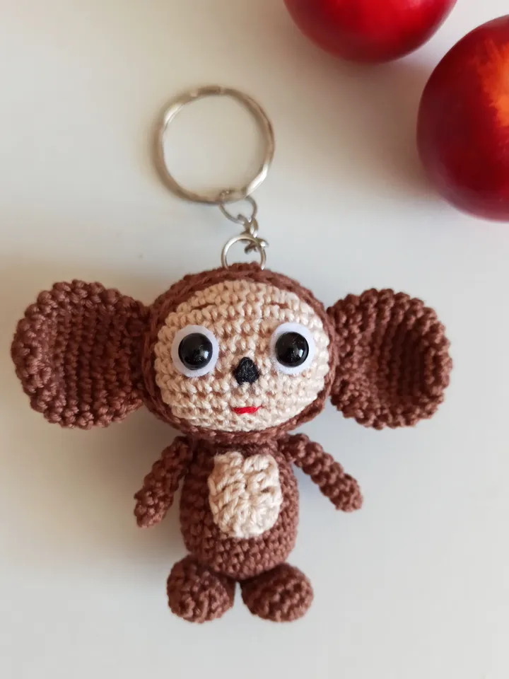 Crochet keychain Cheburashka, cute bag charms