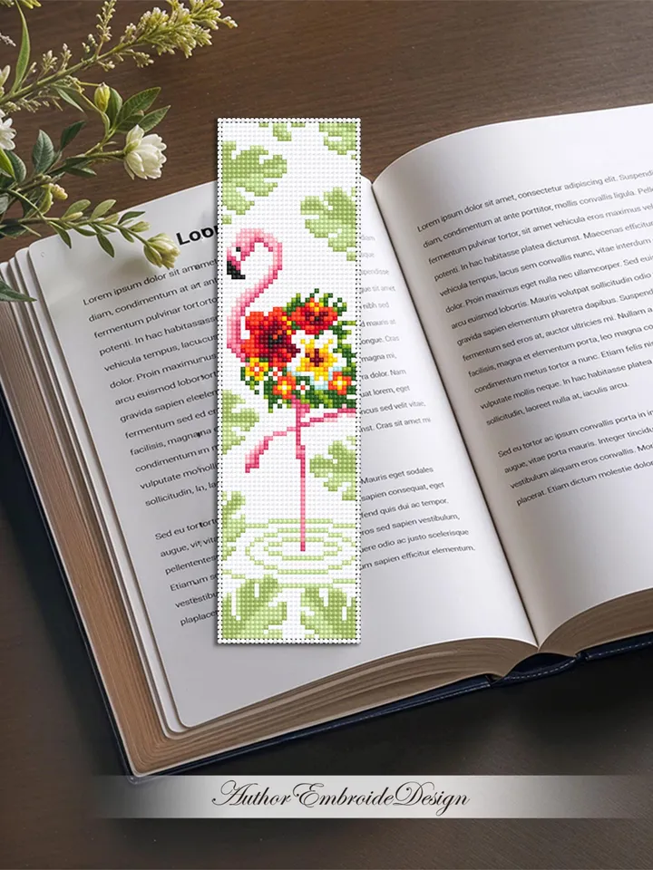 Flamingo bookmark cross stitch pattern PDF download Floral flamingo cross stitch chart, Flower bookmark pattern digital, Monstera leaf #B440