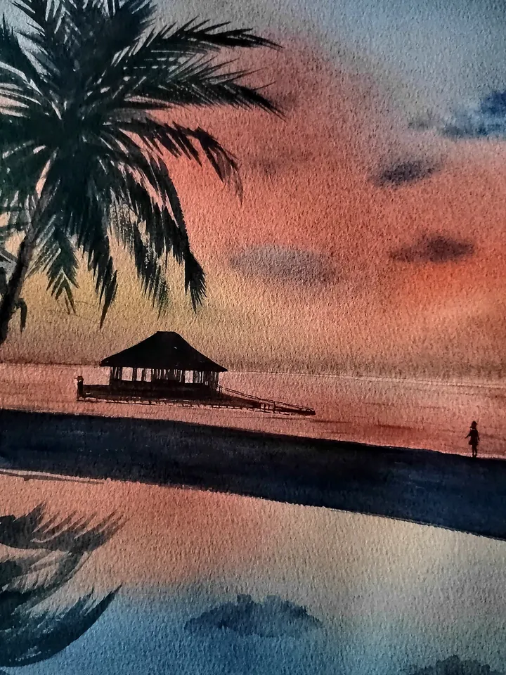 Original Watercolor Painting Sea Sunset Artwork Tropical Coast Art Bright Colors of Sea Sunset 27x39 cm by SoftWaves