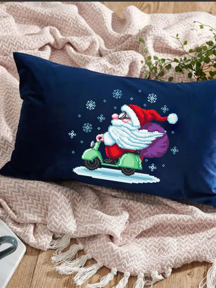 Funny Christmas santa cross stitch pattern download PDF, Santa Claus cross stitch chart, Winter holiday embroidery, Santa on motorbike #N65