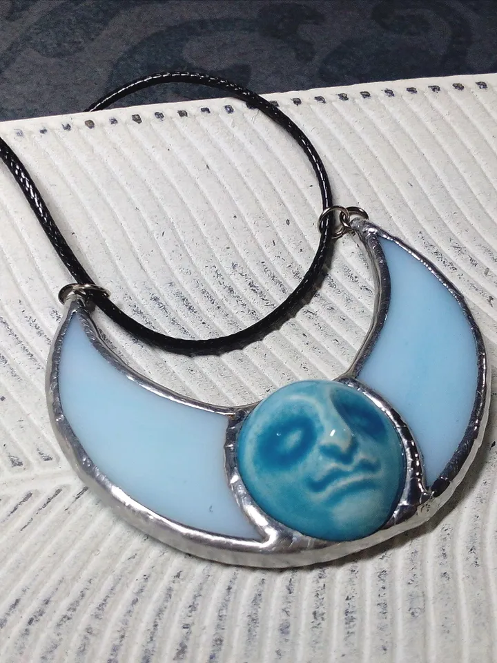 Stained glass blue moon, moon phase necklace, stainglass crescent, full moon pendant, moon face