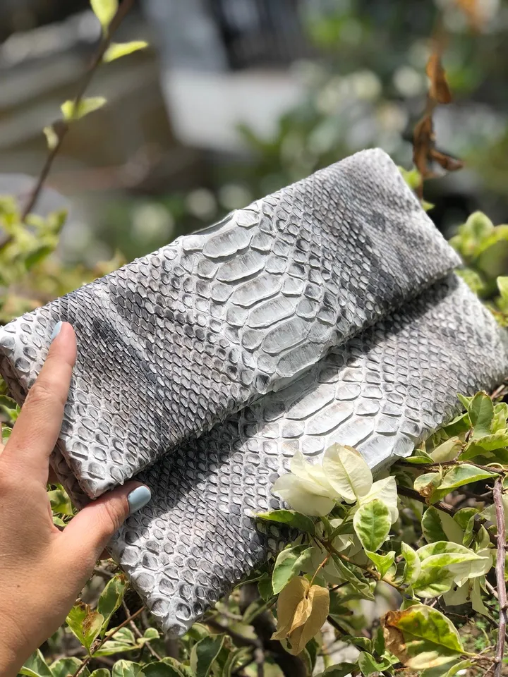 Clutch Genuine Python Skin Grey Clutch Uncolored | Small Evening Classy Elegant Snake Python Leather Clutch | Envelope Clutch Casual Python