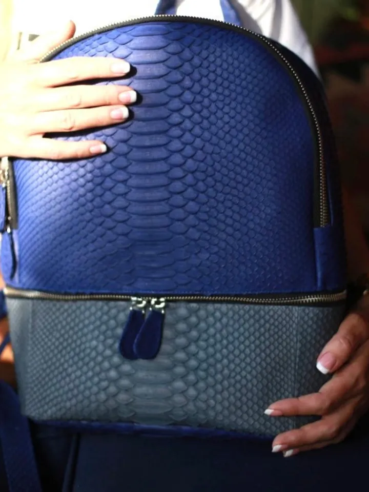 Genuine python skin blue and grey backpack / Trendy woman fashion bag | exotic leather bags | Woman sport purse | handmade leather bags