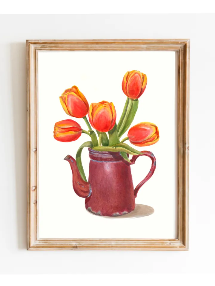 Tulip Painting Watercolor Vintage Still Life Painting Tea Lovers Watercolor Print Floral Tulip Wall Art Farmhouse Painting Red Floral Art t