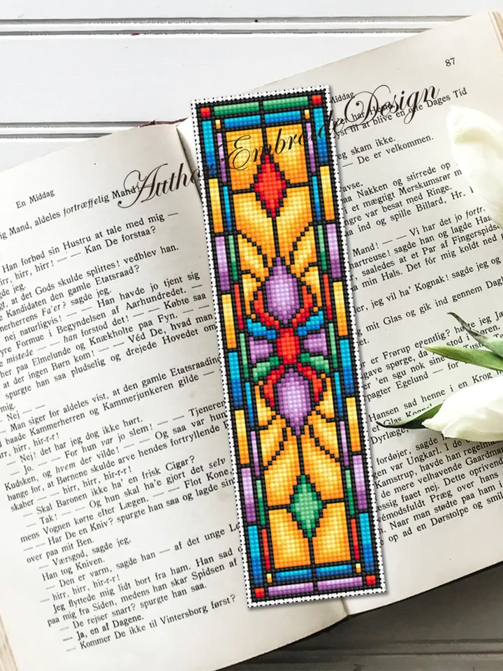 Stained glass bookmark cross stitch pattern PDF download Stained glass flower cross stitch chart, Modern bookmark pattern digital PDF #B296