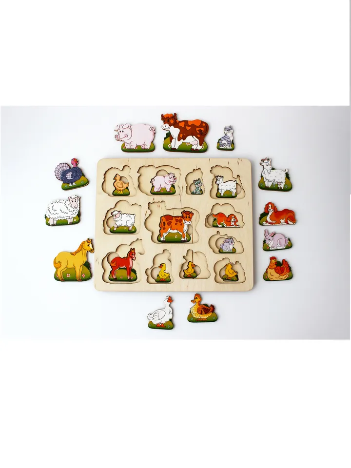 Wooden Puzzle - animals and cubs young, Montessori toddler toy, Stack Board game