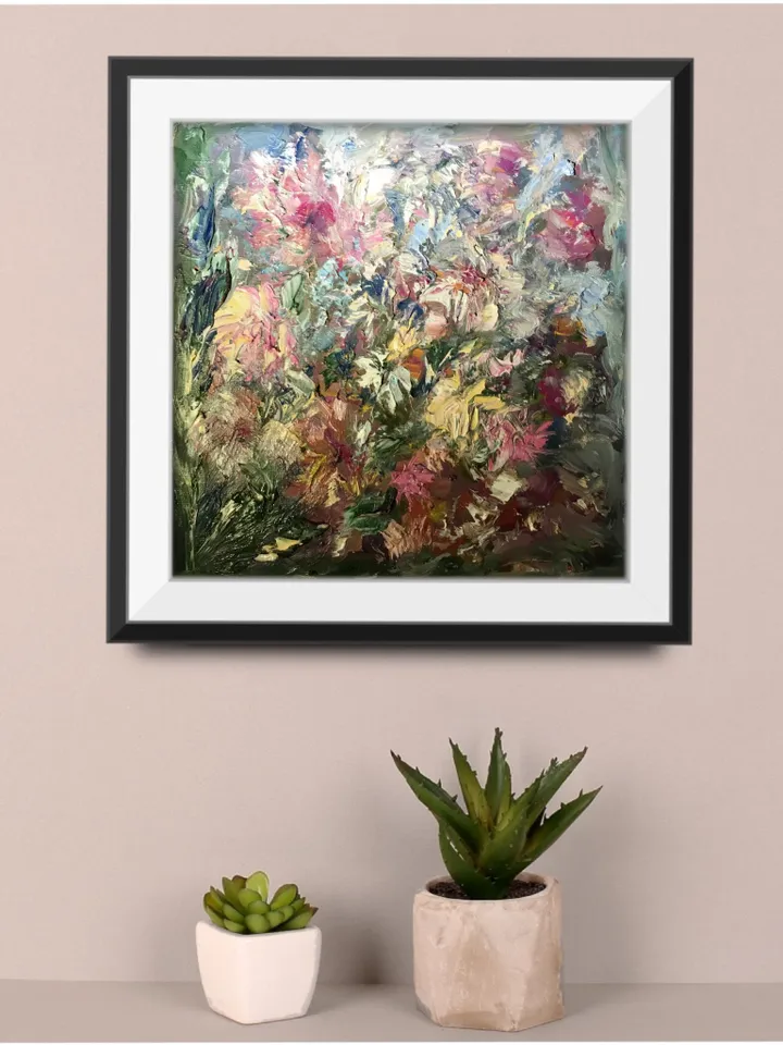 Semi - Abstract pink and yellow flower garden,original impressionistic oil painting on small canvas,unique art gift,home decoration