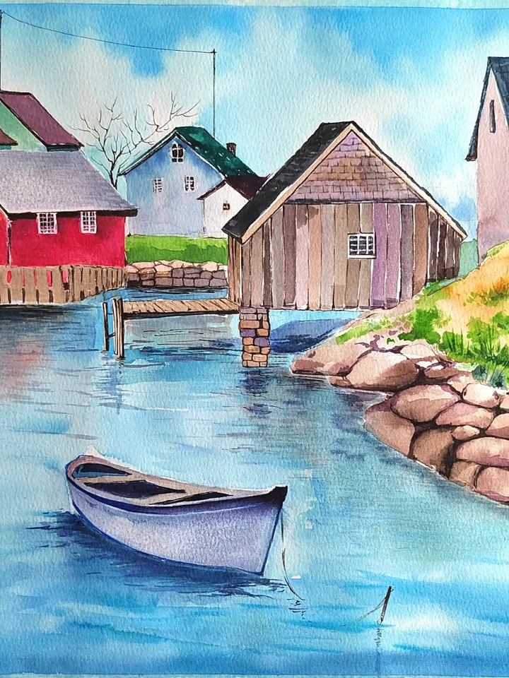 Norwegian Village Painting Original Watercolor Art Scandinavian Landscape 11.8x15.7 in by Art Café